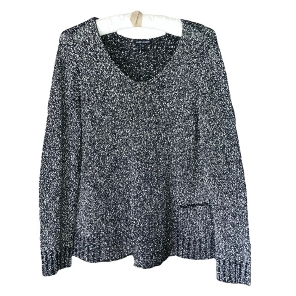 Eileen Fisher Black White Italian Cotton Yarn V Neck Pullover Boxy Sweater Sz M.